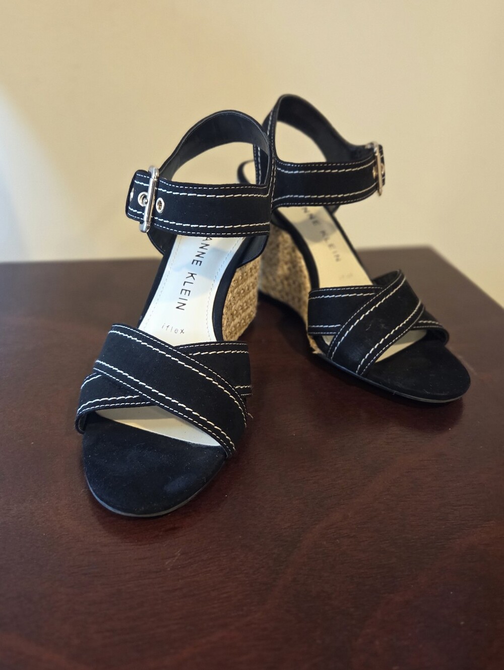Anne Klein Black Woven Wedge Sandals with Contrast Stitching, Size 6.5